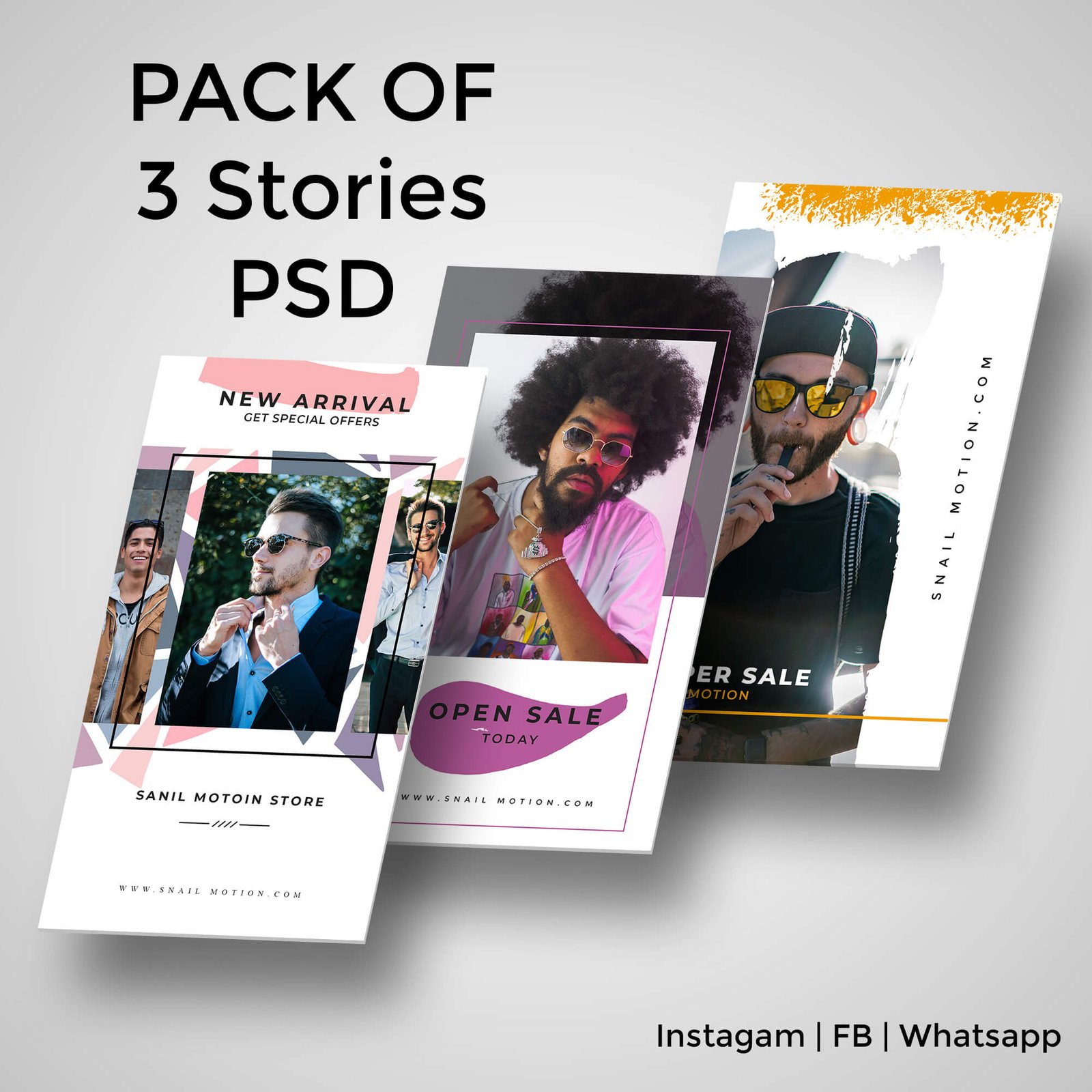 Free Pack of 3 Instagram Snail motion stories PSD